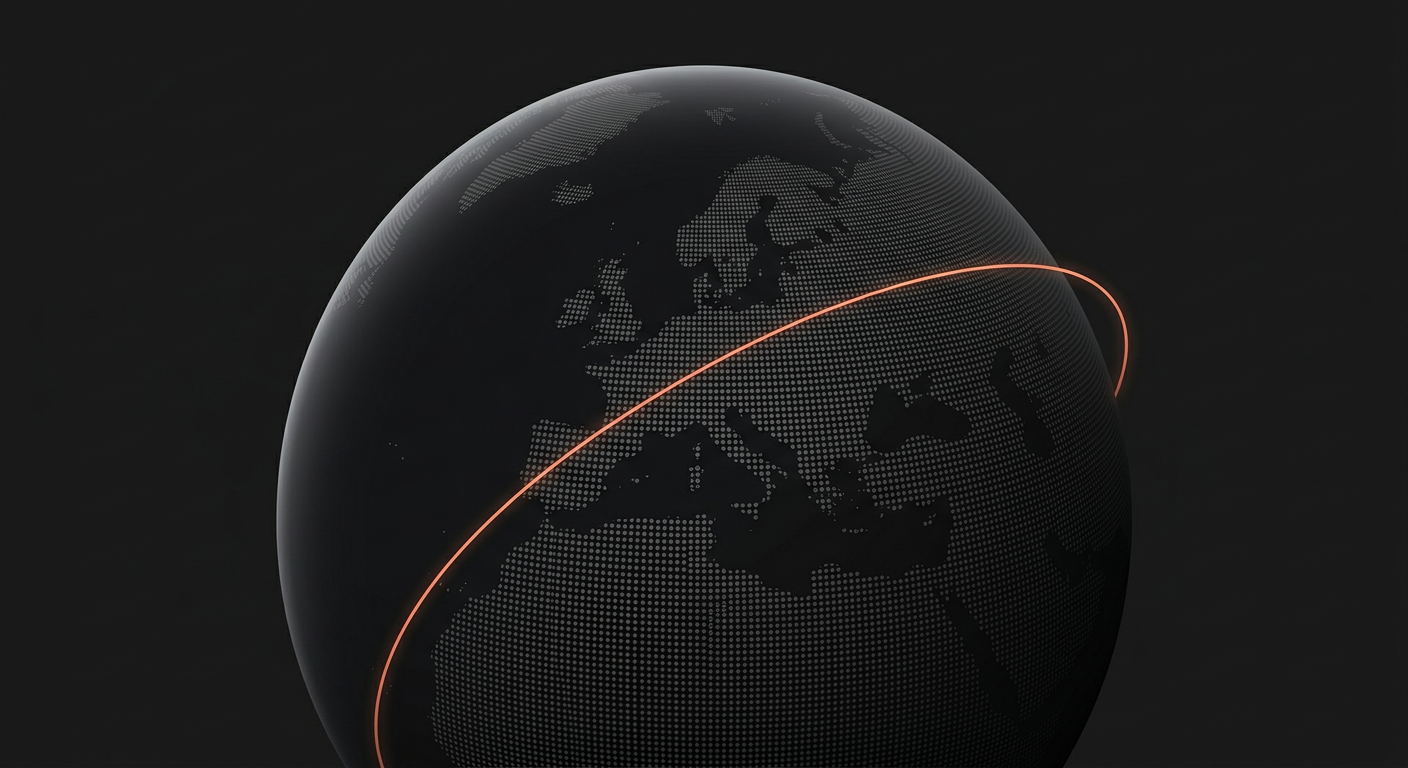 Dotted dark globe centred on Europe with a thin orange arc across it