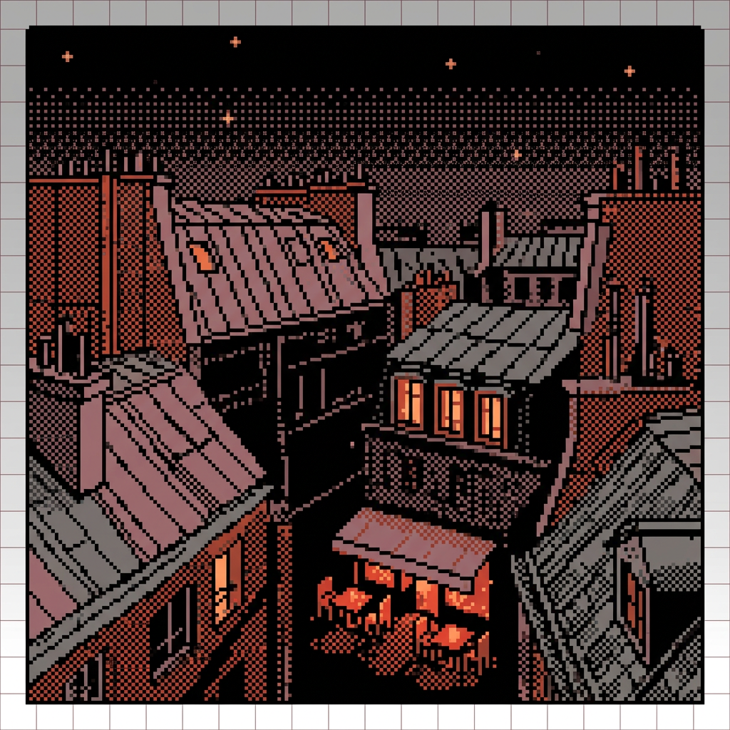 Dithered pixel illustration of Paris rooftops at night with a lit terrace below